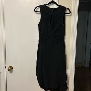 Black linen Anthropologie dress, cool details on front and back, VGUC